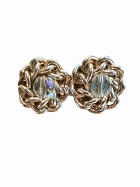 Vintage Gold Tone Chain Link Clip On Earrings AB Aurora Borealis Bead Japan